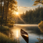 An image capturing a serene lake scene, where a skilled canoeist effortlessly balances a sleek canoe on their shoulders