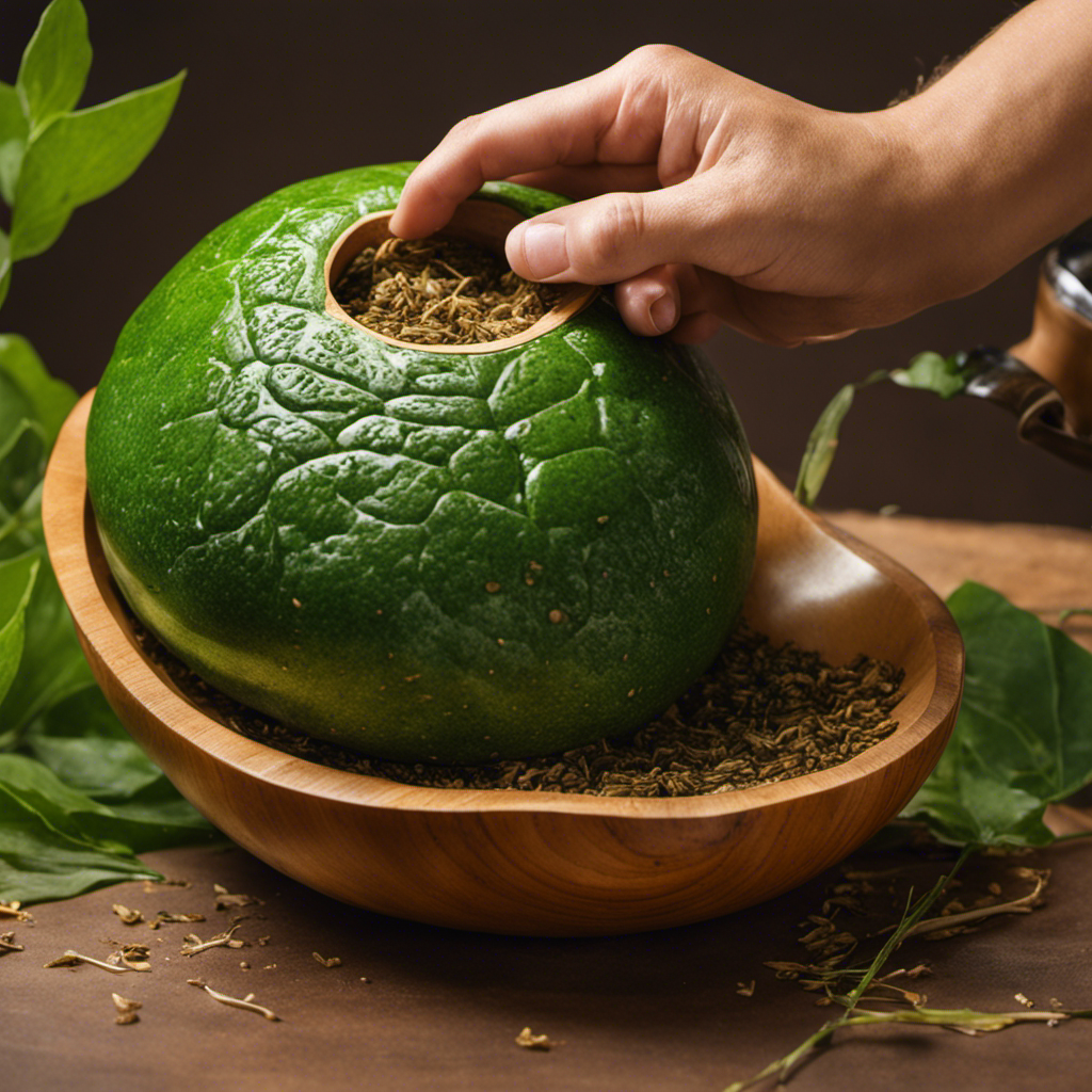 An image capturing the meticulous process of cleaning a Yerba Mate gourd: hands gently scrubbing it with a soft brush, water pouring over it, and a fresh, vibrant green leaf resting beside it