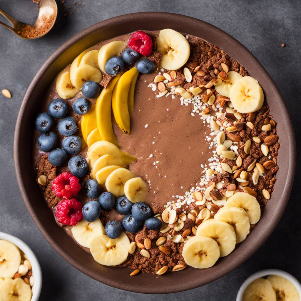An image showcasing a vibrant smoothie bowl overflowing with velvety raw cacao powder