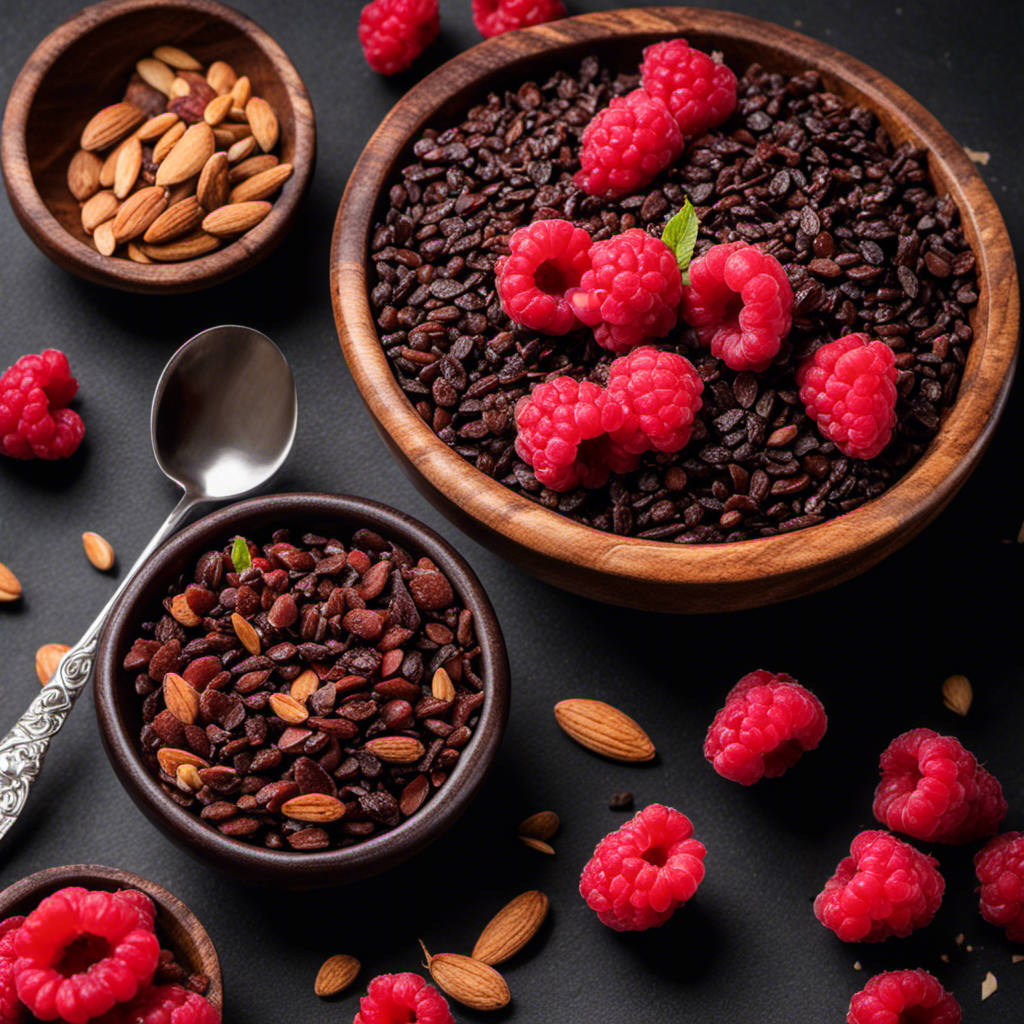 An image showcasing a rustic wooden bowl filled with dark, glossy cacao nibs, surrounded by vibrant red raspberries and crunchy almond flakes, with a spoon poised to scoop up a delectable mouthful