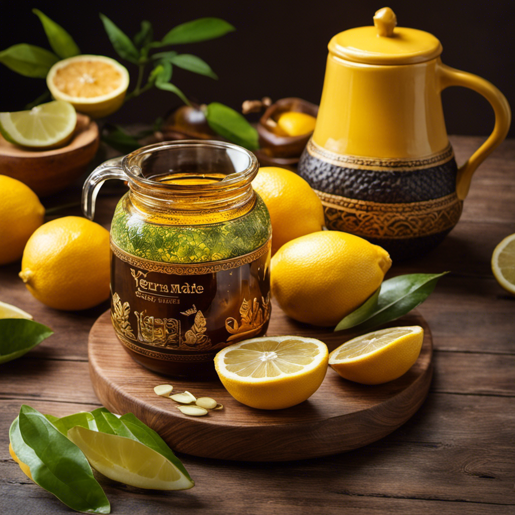 An image showcasing a serene wooden table adorned with vibrant citrus fruits, honey-filled jars, and a steaming cup of yerba mate