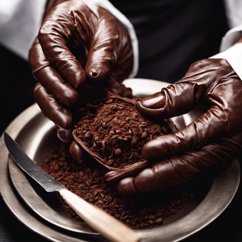 An image capturing a pair of gloved hands delicately peeling back the tough, wrinkled husk of a raw cacao bean, revealing its rich, dark nibs nestled inside, ready to be transformed into decadent chocolate delights
