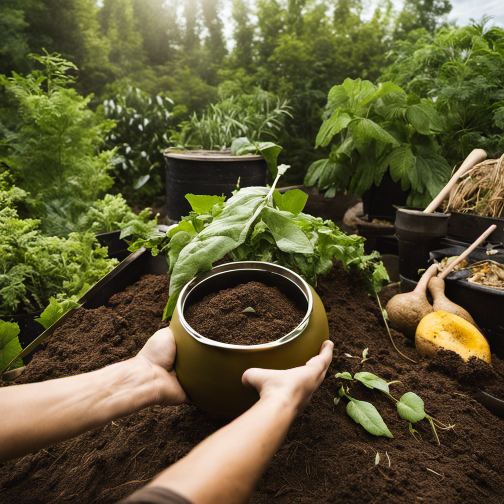 An image showcasing the step-by-step process of composting yerba mate: a hand holding a used yerba mate gourd, pouring out the mate leaves into a compost bin, and mixing them with other organic waste