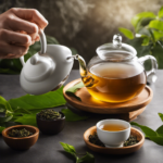 An image showcasing a hands-on demonstration of extra steeping oolong tea: a graceful hand gently pouring boiling water into a teapot filled with vibrant, unfurling oolong leaves, immersed in a serene atmosphere