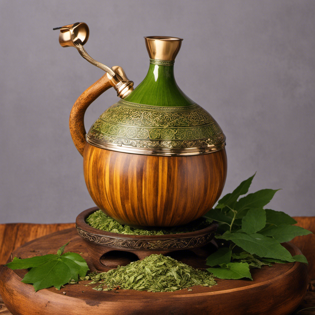 An image showcasing a traditional gourd filled with vibrant green yerba mate leaves, surrounded by a wooden bombilla