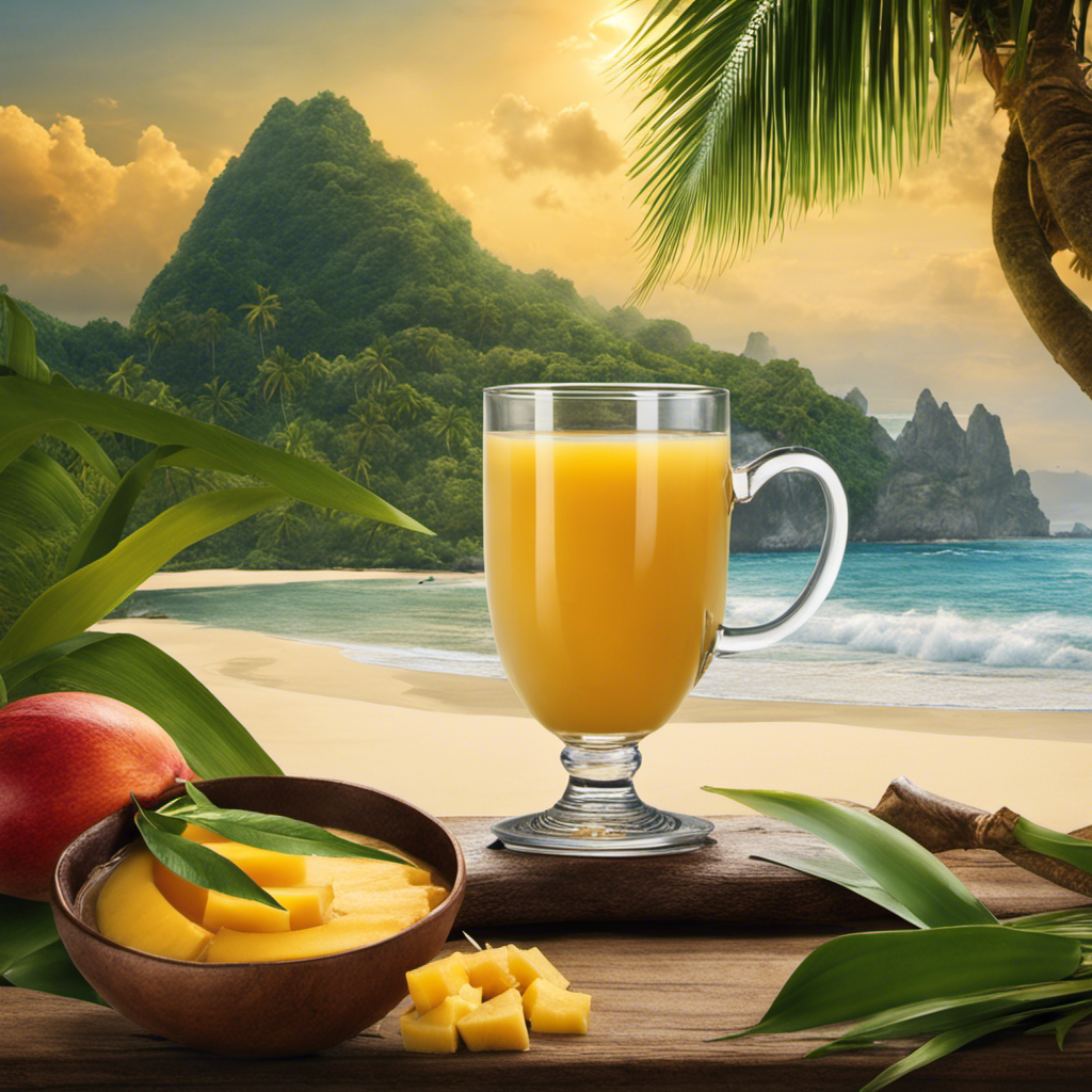 An image showcasing a serene tropical beach scene with a coconut split in half, revealing its refreshing juice, alongside a perfectly ripe mango and a steaming cup of Wuyi Oolong tea