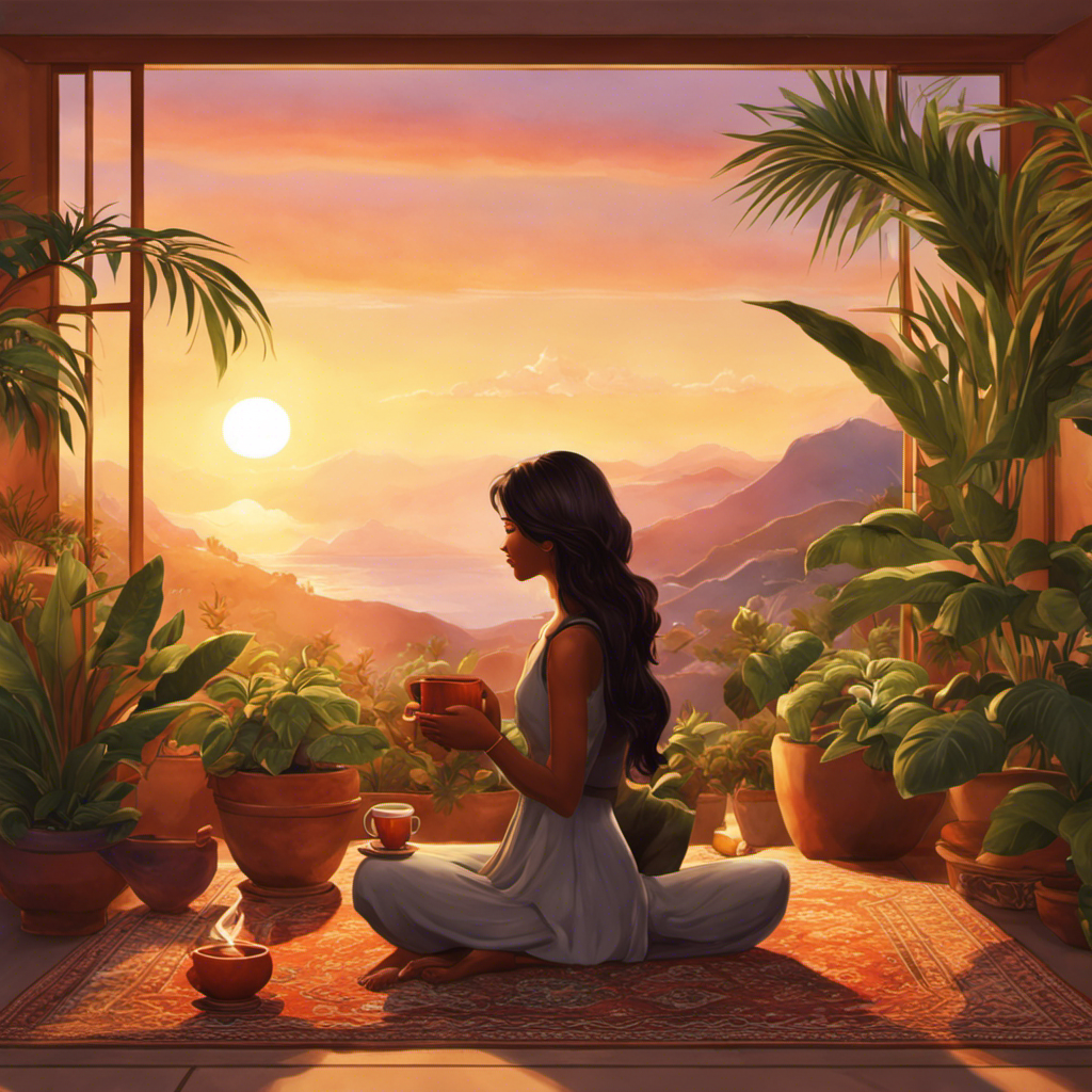 An image of a Sim sitting cross-legged on a cozy rug, holding a steaming cup of herbal tea, surrounded by lush potted plants and a serene sunset backdrop