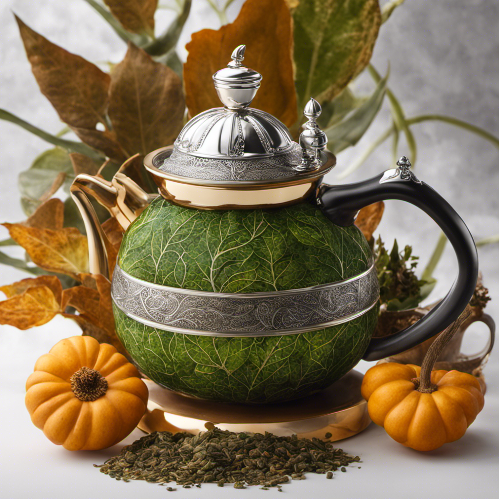 An image portraying a serene scene: a traditional gourd filled with loose leaf yerba mate, a silver bombilla immersed in the herbal infusion, and steam rising from the warm beverage amidst a backdrop of lush green leaves
