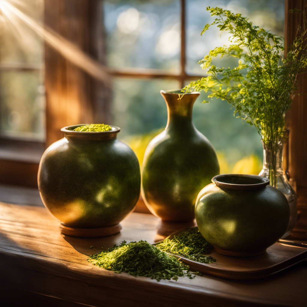 An image showcasing a serene scene: a hand holding a gourd filled with vibrant green loose yerba mate tea, delicate wisps of steam rising from it, while sunlight filters through a window, casting a warm glow