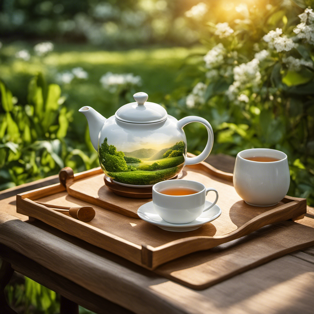 An image featuring a serene morning scene: a delicate ceramic teapot pouring steaming oolong tea into a dainty cup on a wooden tray, surrounded by a lush green garden and rays of warm sunlight