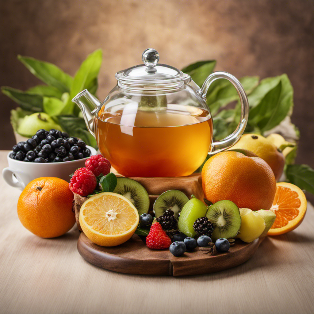 An image that showcases a glass teapot filled with steaming oolong tea, surrounded by a variety of fresh fruits and a measuring tape, symbolizing a healthy weight loss journey