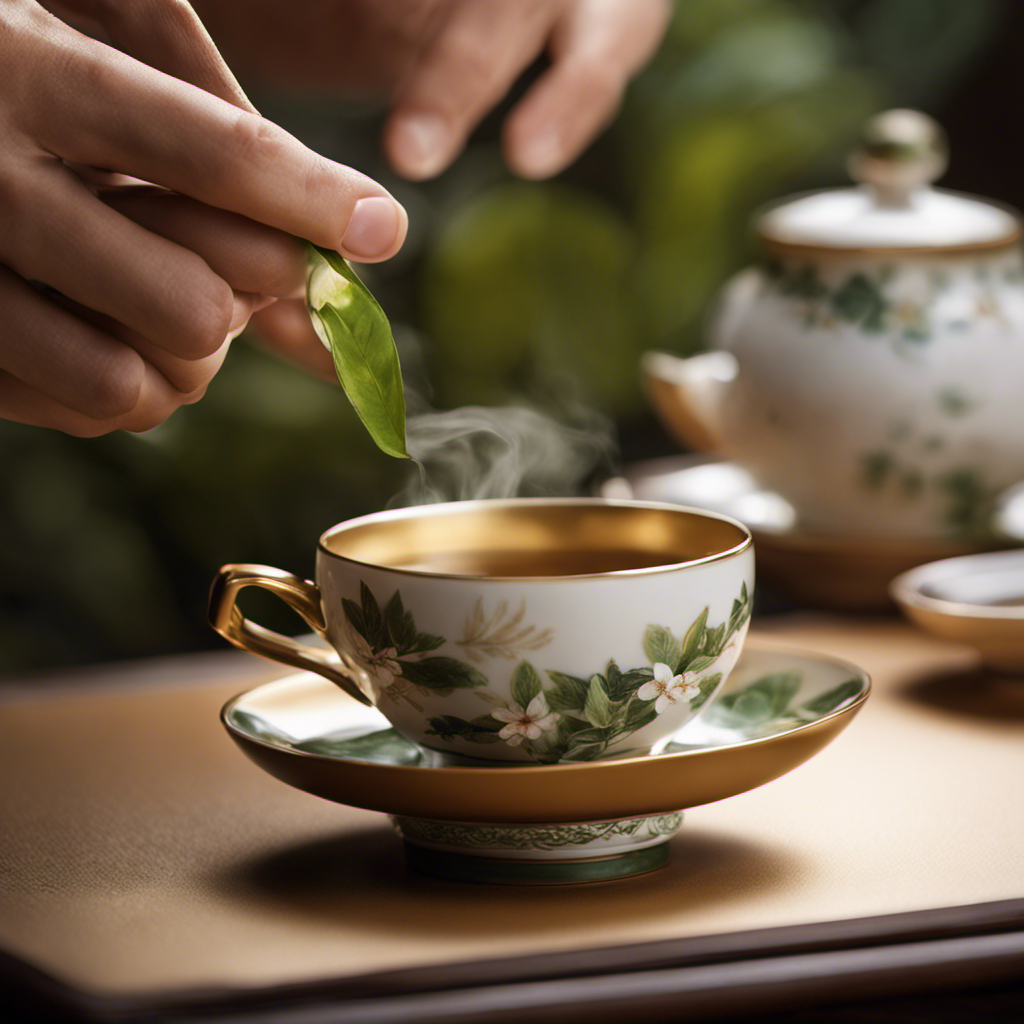 An image capturing the serene ambiance of a traditional tea ceremony: hands gently cradling a porcelain teacup adorned with delicate oolong leaves, steam rising gracefully, sunlight casting a golden hue