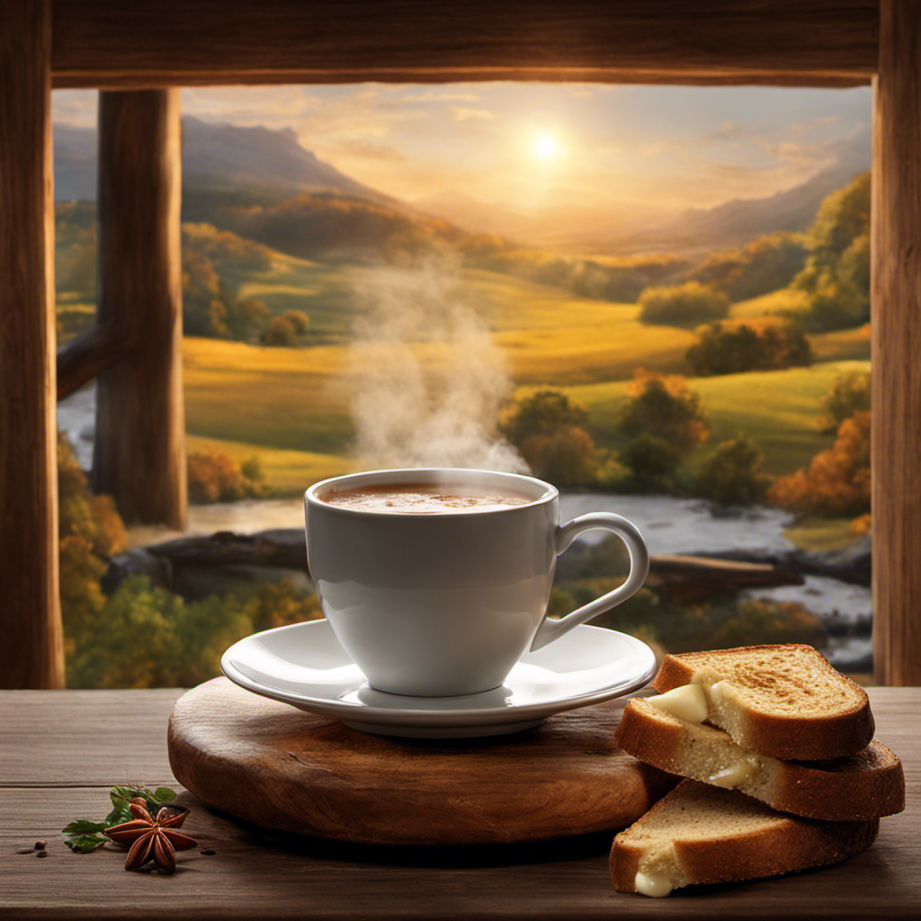 An image showcasing a serene morning scene with a steaming cup of Postum, adorned with a gentle wisp of rising steam, nestled beside a rustic slice of warm toast, inviting readers to savor the perfect way to start their day
