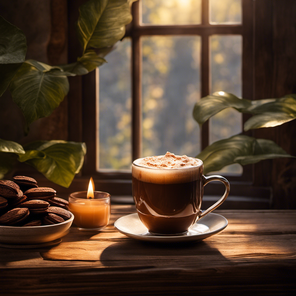 An image showcasing a serene scene: a wooden table adorned with a rustic mug filled with frothy, velvety raw cacao