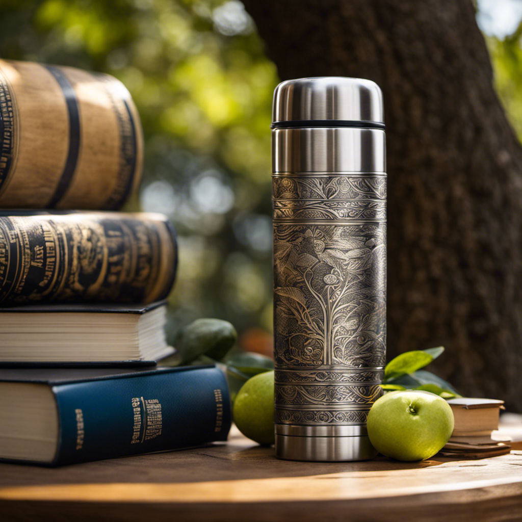 An image showcasing a person savoring yerba mate in a sleek, portable thermos, nestled among a stack of books on a tranquil park bench, with dappled sunlight filtering through leafy trees