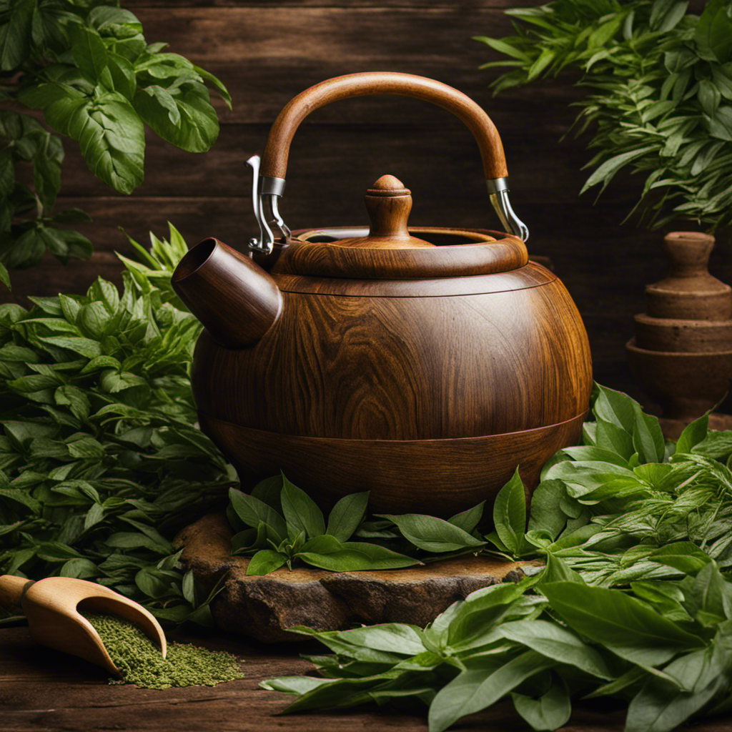 An image showcasing a weathered wooden mate, filled with vibrant green yerba mate leaves, as a hand gently pours steaming water from a traditional kettle into the mate, capturing the essence of the ancient ritual