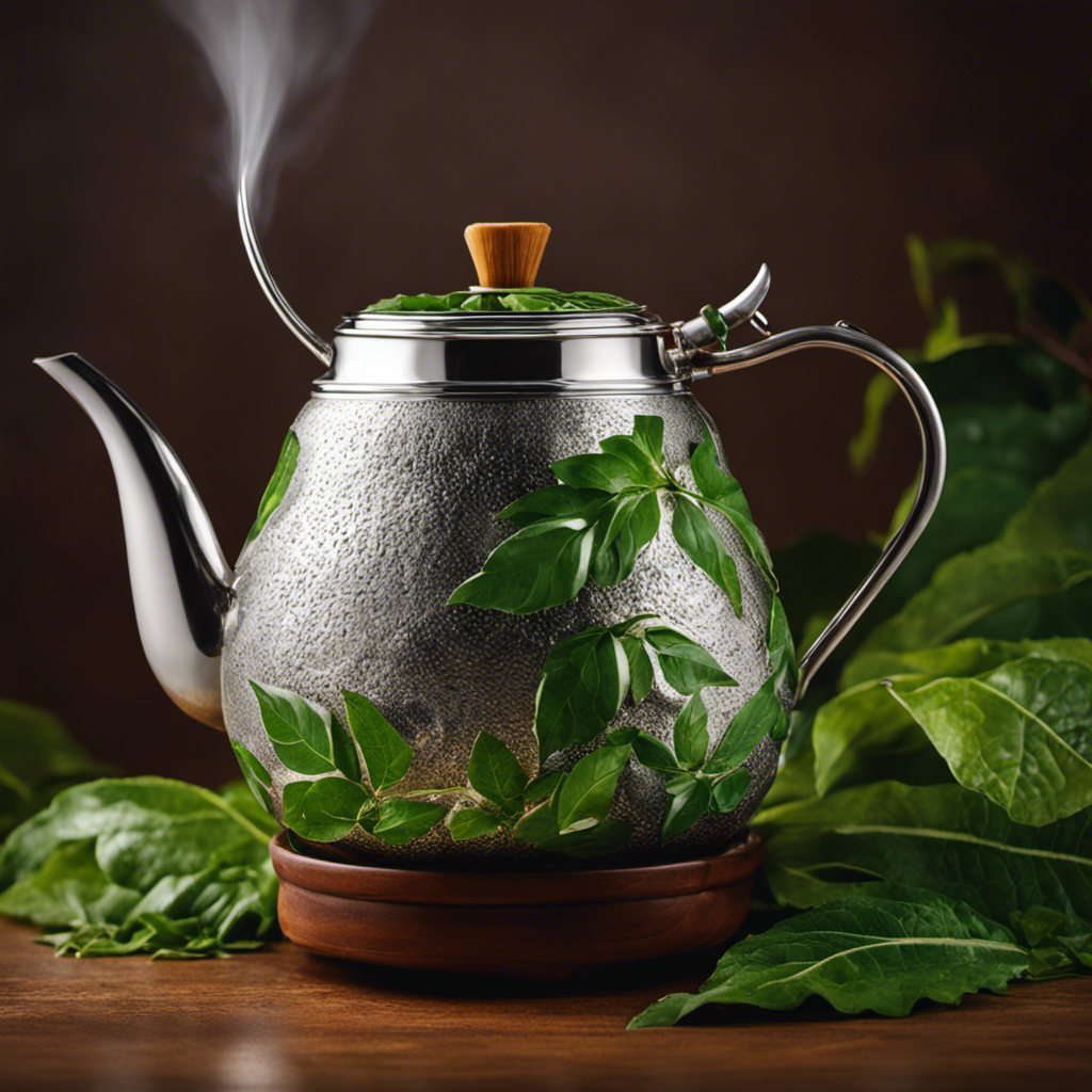 An image showcasing a traditional yerba mate gourd, filled halfway with vibrant green loose leaves, hot water being poured from a steel kettle, and a silver bombilla straw immersed in the brew
