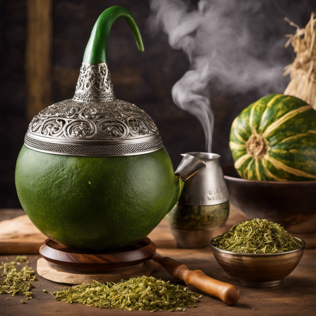 An image showcasing a handcrafted gourd filled with vibrant green Yerba Mate, adorned with a metal bombilla, as steam rises delicately from the brew, inviting readers to discover the art of sipping Guayaki Yerba Mate