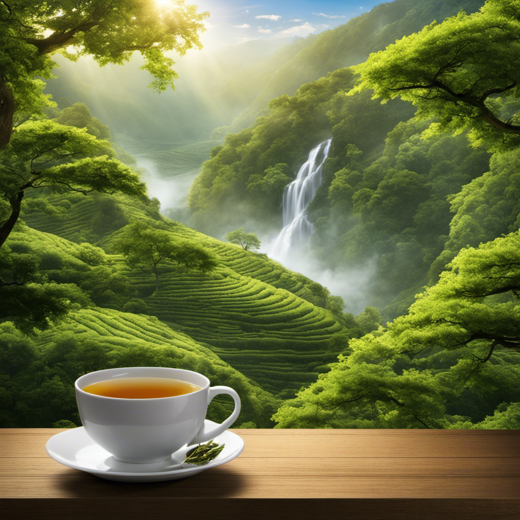 An image showcasing a serene morning scene with a steaming cup of Oolong tea, gently swirling tendrils of steam, cascading sunlight, and a peaceful backdrop of lush green tea leaves