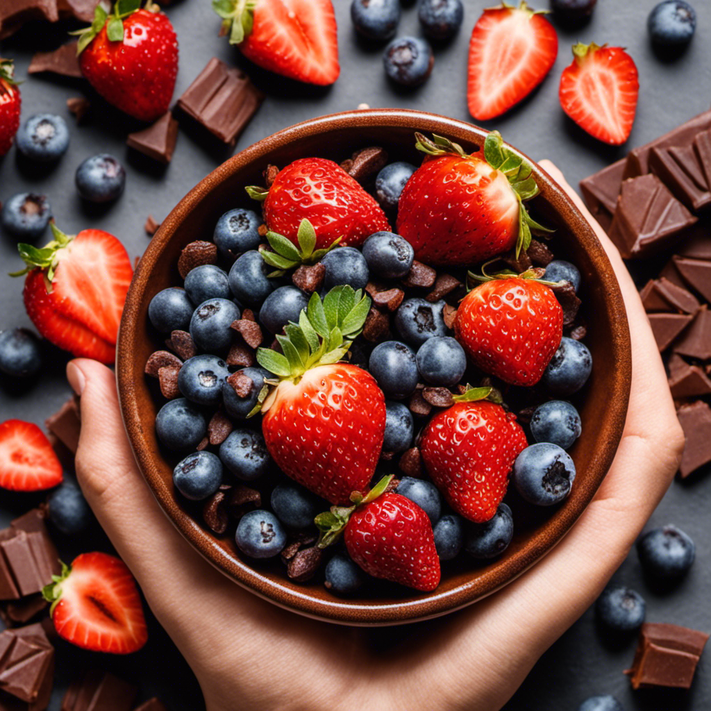An image showcasing a close-up shot of a hand holding a small bowl filled with glossy cacao nibs, surrounded by vibrant, fresh fruits like sliced strawberries and blueberries, evoking an enticing and wholesome raw food experience