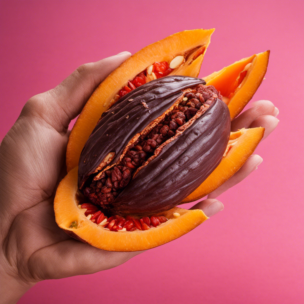 An image showcasing the vibrant hues of a split raw cacao fruit, filled with glistening white seeds nestled in vibrant pinkish-orange pulp