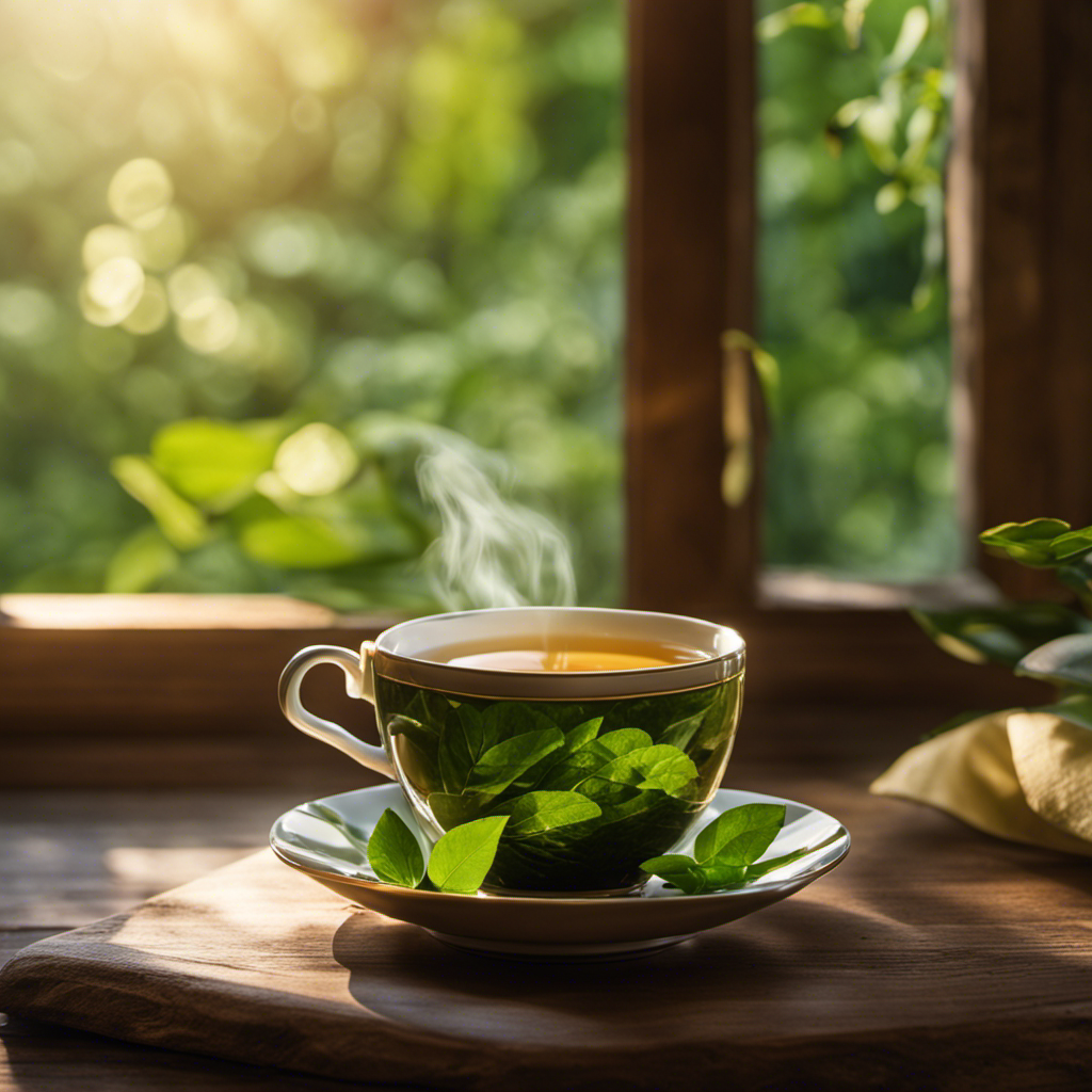 An image showcasing a serene scene with a cup of steaming Oolong tea on a wooden table, surrounded by lush green tea leaves, as sunlight filters through a nearby window, casting a warm, inviting glow