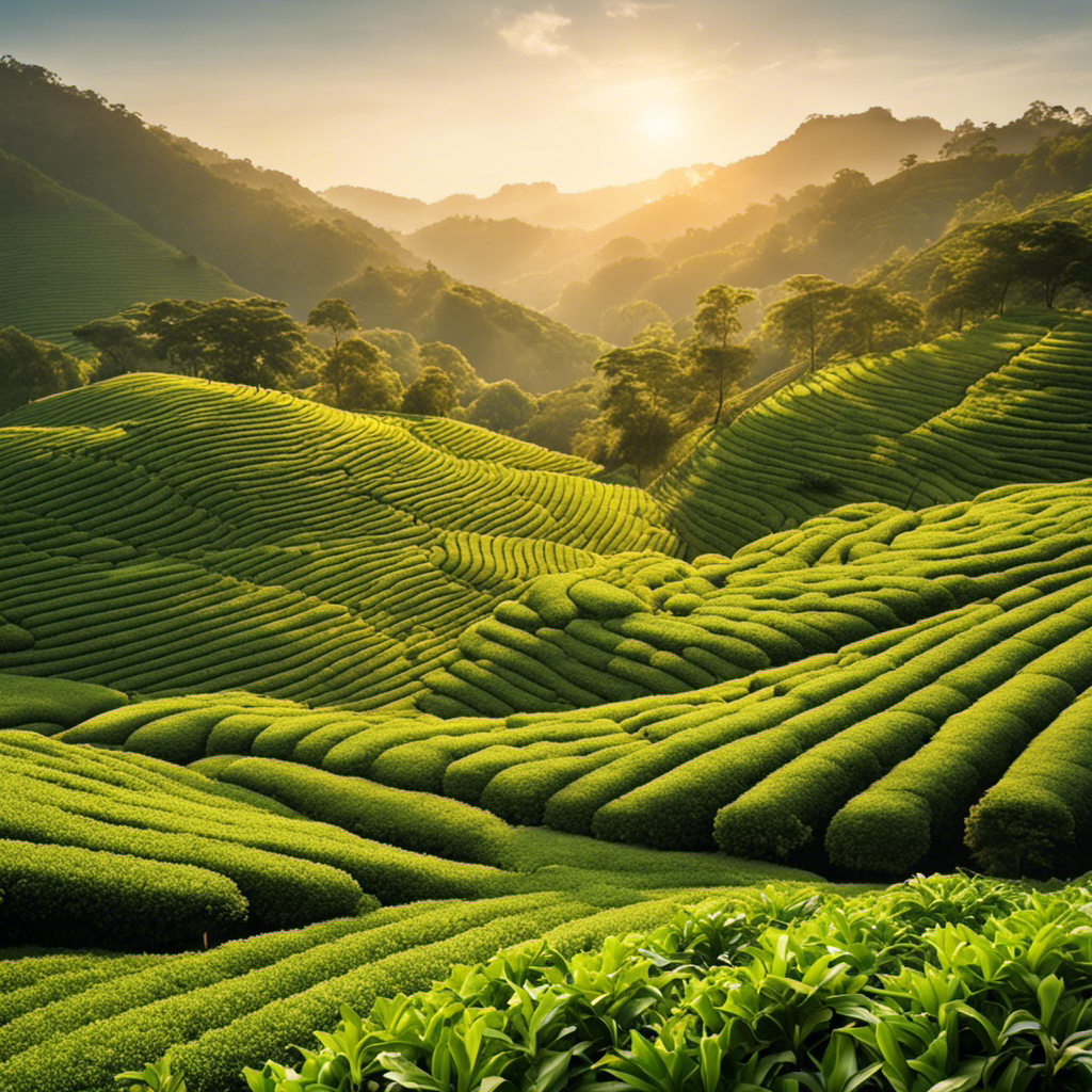 An image depicting a serene tea plantation, bathed in golden sunlight