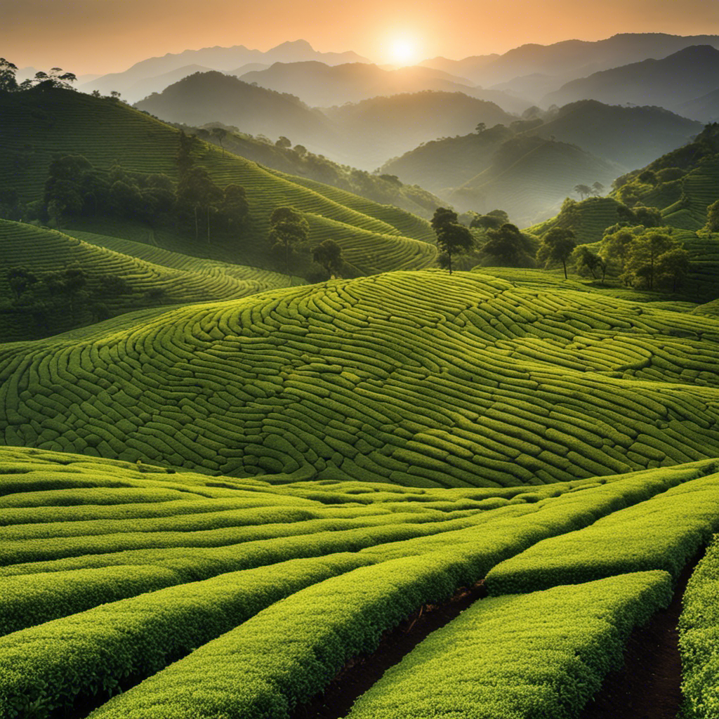 An image showcasing a serene tea plantation at sunrise, with rows of meticulously pruned tea bushes adorned with vibrant green leaves