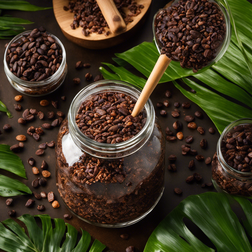 An image showcasing the process of fermenting raw cacao nibs: a glass jar filled with nibs, submerged in a bubbling mixture of water and sugar, surrounded by tropical foliage, with sunlight streaming in