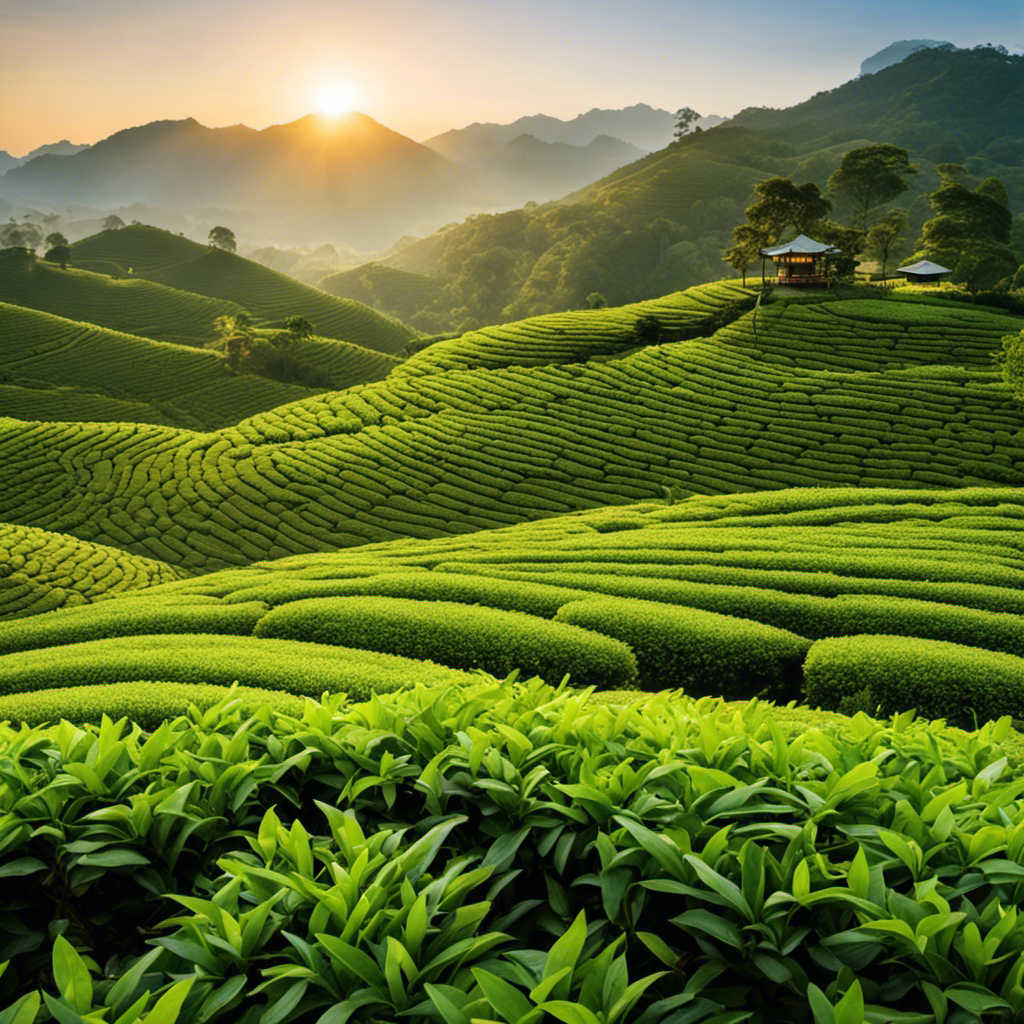 An image capturing a serene tea garden at sunrise, with lush green tea bushes neatly lined up, their delicate leaves glistening with dew