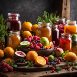 An image showcasing a variety of vibrant fruits, herbs, and spices artfully arranged next to a glass jar of freshly brewed kombucha