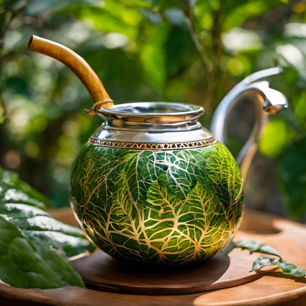 An image showcasing a vibrant gourd filled with steaming yerba mate, adorned with a silver bombilla, surrounded by lush green leaves and sunlight filtering through, evoking the sensory experience and ritual of preparing and enjoying yerba mate