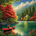 An image capturing a serene lake scene with a person wearing a life jacket, stepping into a vibrant red canoe, paddle resting on the side, surrounded by lush green trees and sparkling water