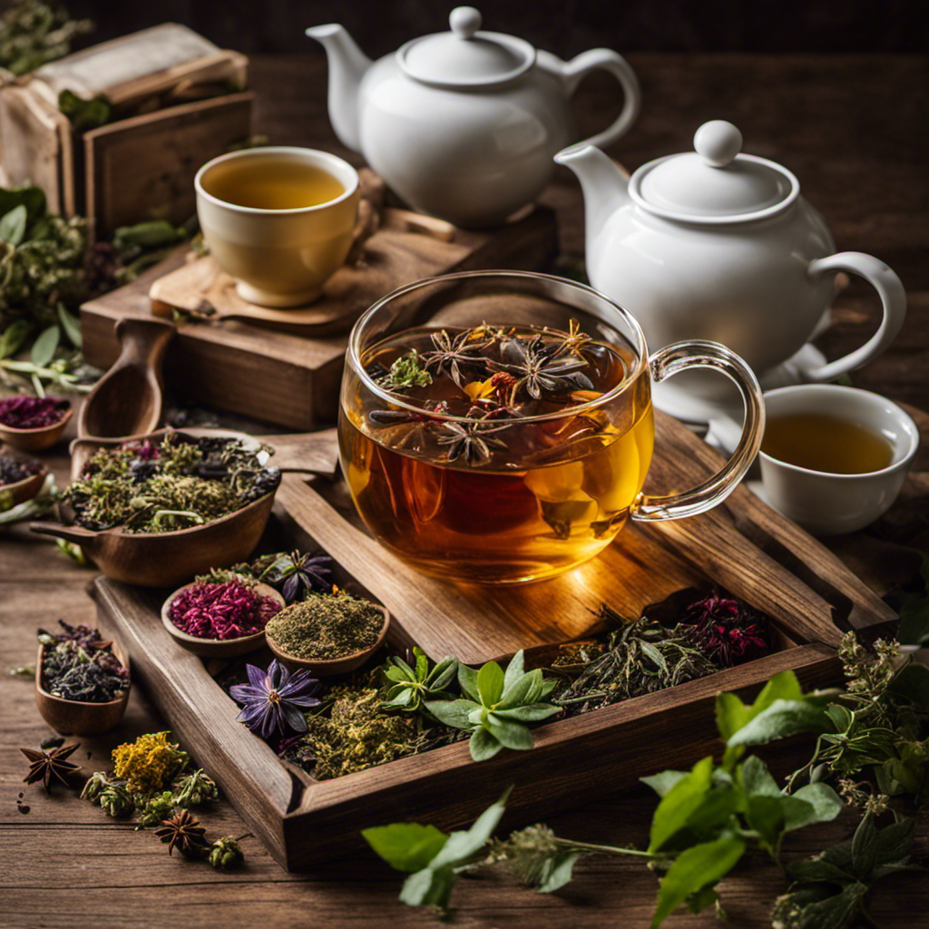 An image capturing the essence of herbal tea exploration: a rustic wooden table adorned with an assortment of fragrant botanicals, delicate tea infusers, and steaming cups, inviting readers to embark on a sensory journey