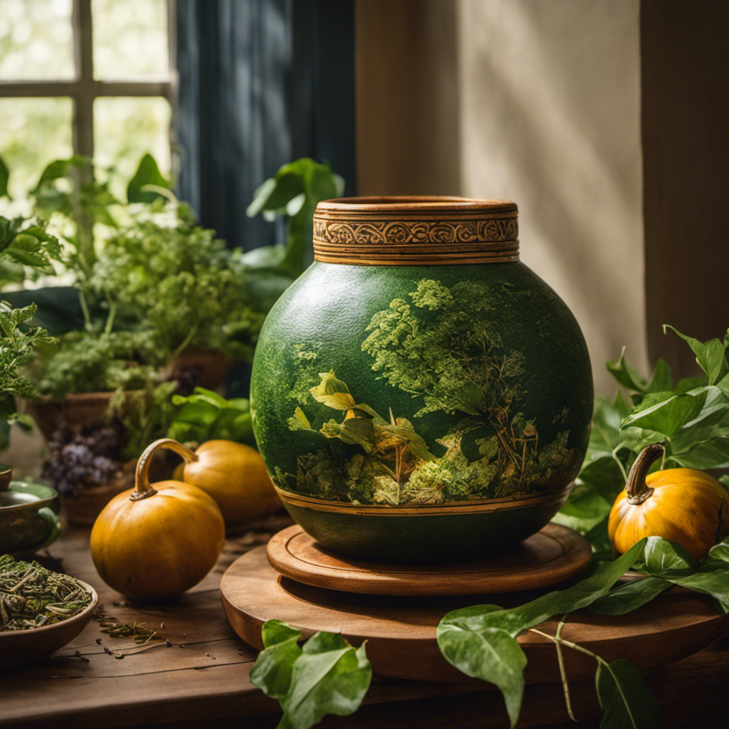 An image showcasing a hand gently placing loose yerba mate leaves into a traditional gourd, surrounded by vibrant green foliage and natural light streaming through a nearby window
