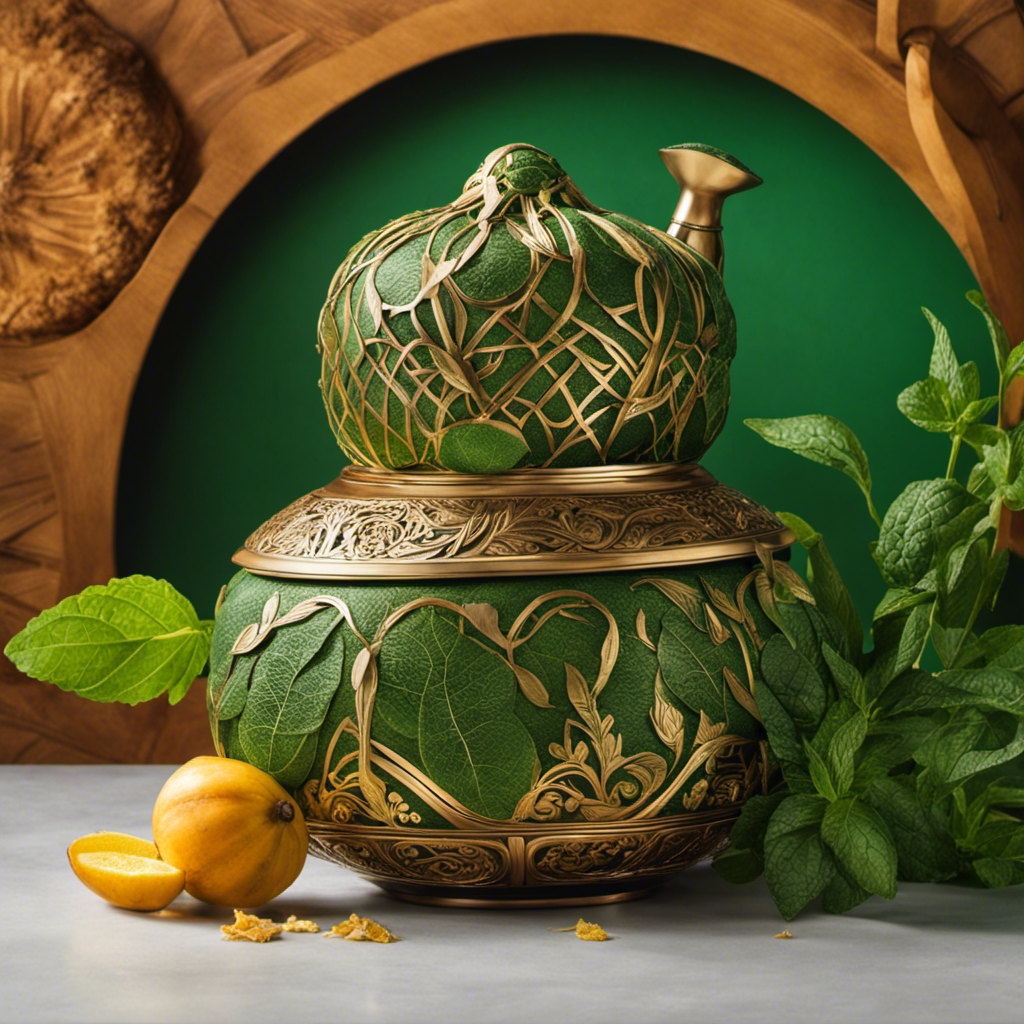 An image showcasing a traditional gourd filled with vibrant green yerba mate leaves, gently infused with fresh spearmint leaves