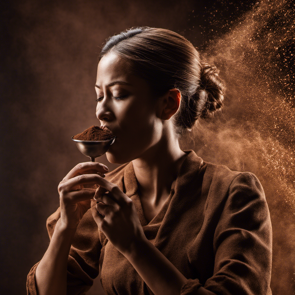 An image capturing the moment of inhaling raw cacao powder: a person delicately holding a spoonful of fine, rich brown powder, tilting their head back, eyes closed, as the particles gently disperse into the air