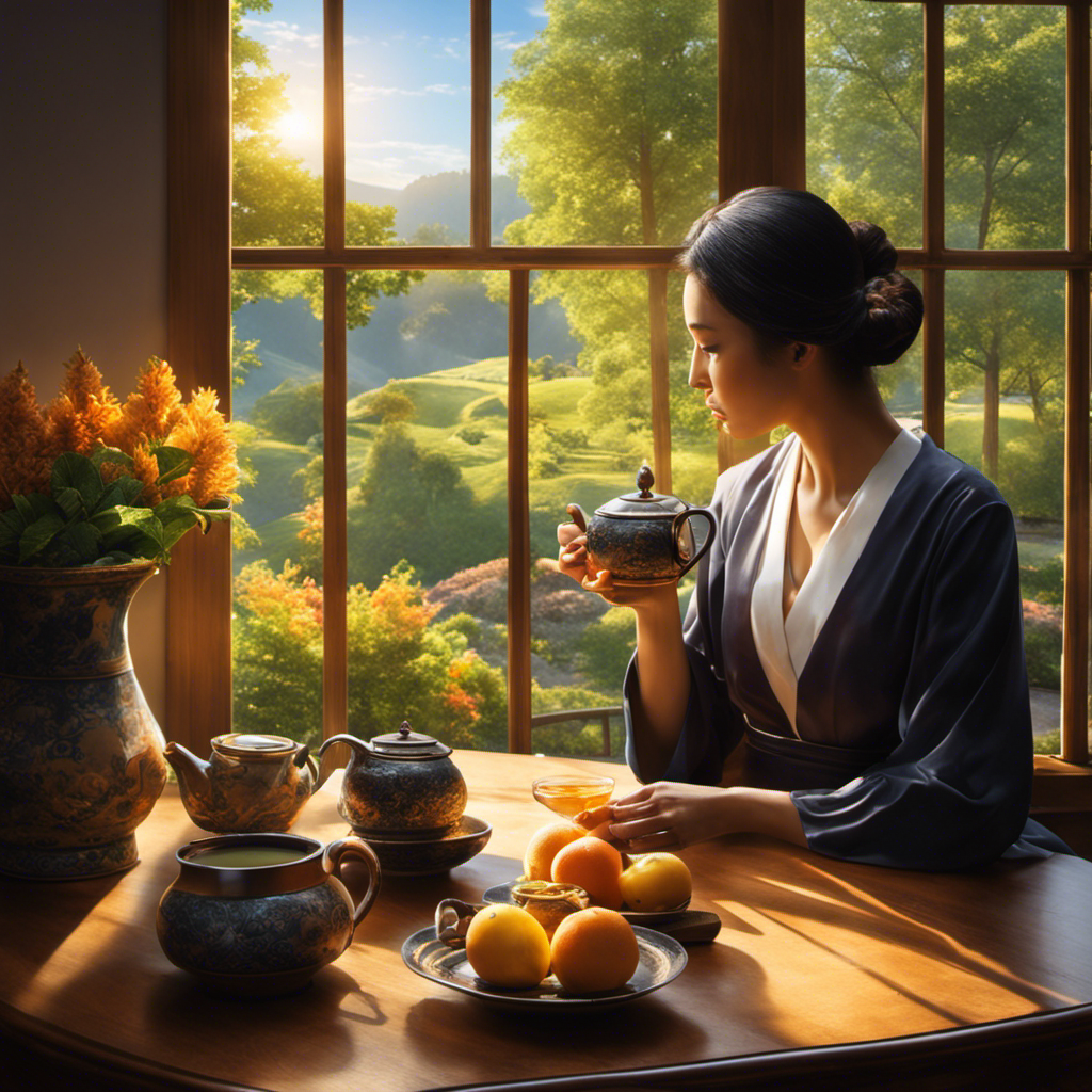 An image showcasing a serene scene of a person sipping a warm cup of oolong tea, with rays of morning sunlight streaming through a window, highlighting a bowl of fresh fruits on a wooden table