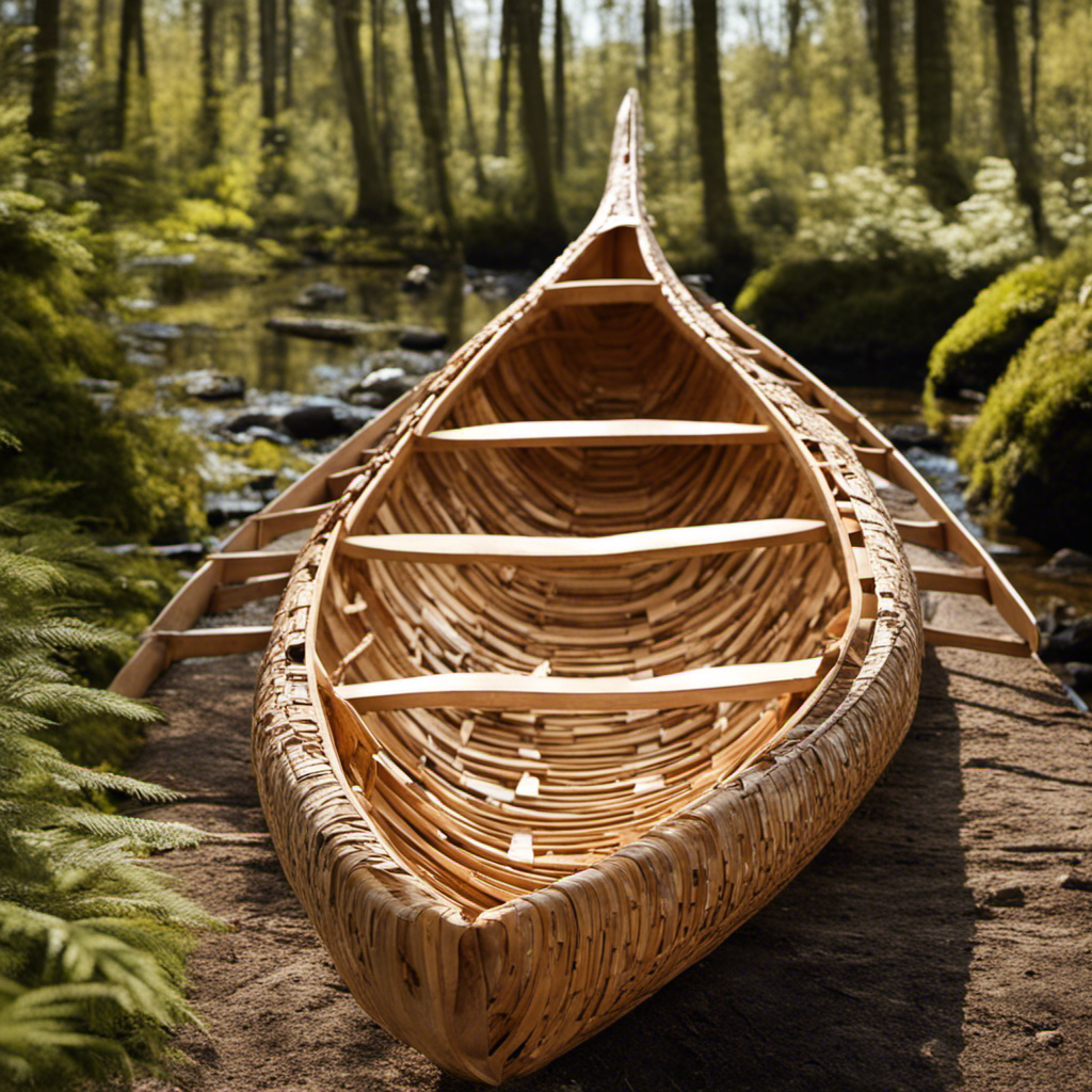 An image showcasing the intricate process of crafting a birchbark canoe: skilled hands skillfully shaping the lightweight frame, deftly lacing together supple strips of bark, and meticulously finishing the vessel with hand-carved details
