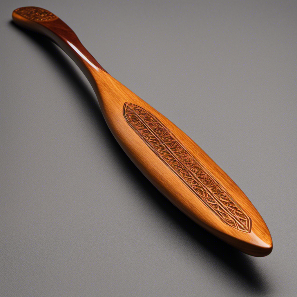 An image showcasing the step-by-step process of crafting a canoe paddle: hands skillfully carving a smooth wooden blade, meticulously shaping the handle, and finally, a finished paddle glistening with a fresh coat of varnish