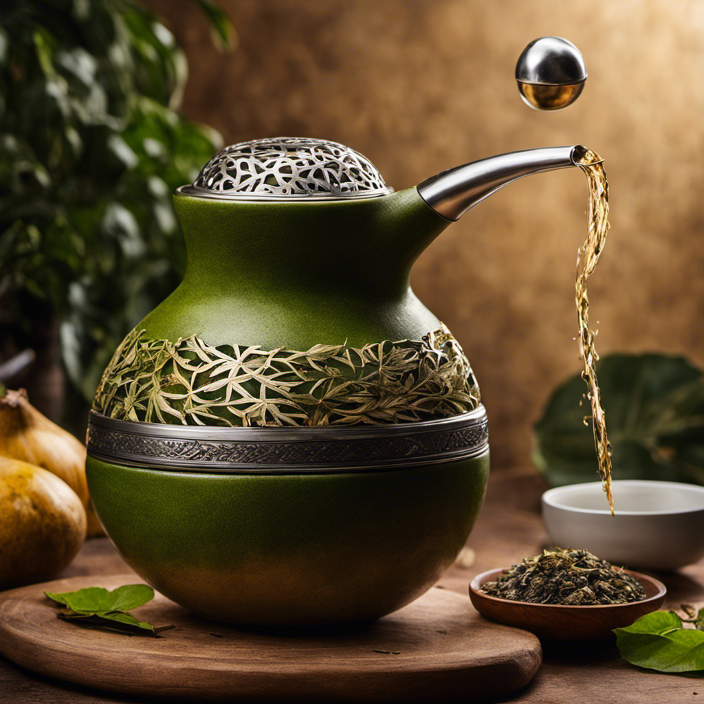 An image showcasing the precise process of brewing Yerba Mate Tea: a gourd filled halfway with dried leaves, hot water poured over them, a metal straw immersed, and steam rising