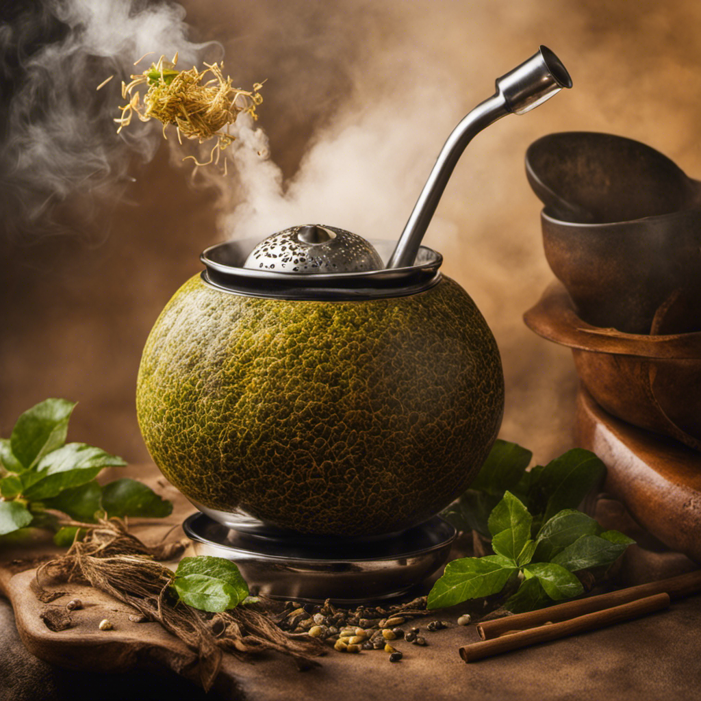 An image capturing the essence of preparing Yerba Mate: a gourd filled with loose yerba, a metal bombilla straw, steam rising from hot water poured over the leaves, and a hand gently holding the cup