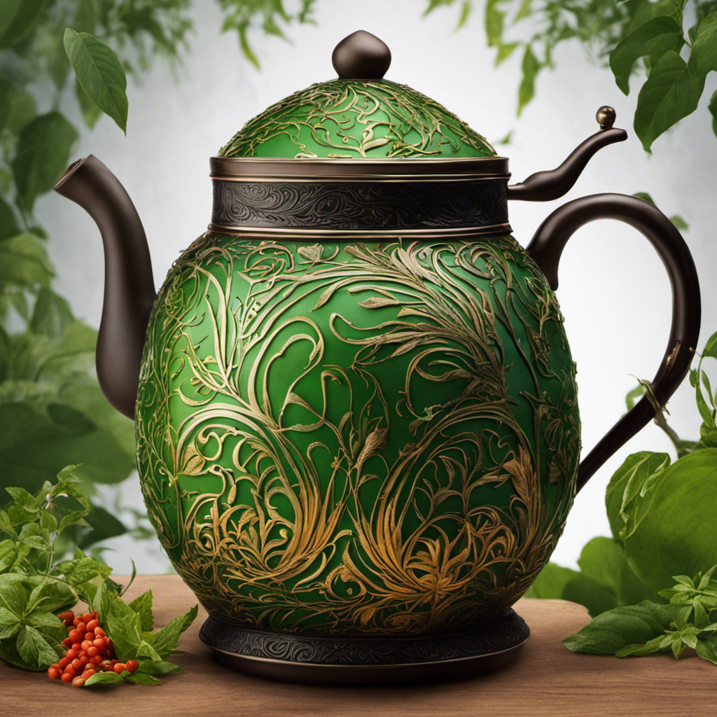 An image of a vibrant green yerba mate gourd filled to the brim with steaming hot, aromatic tea, surrounded by fresh leaves and twigs, capturing the essence of a gallon-sized, invigorating brew