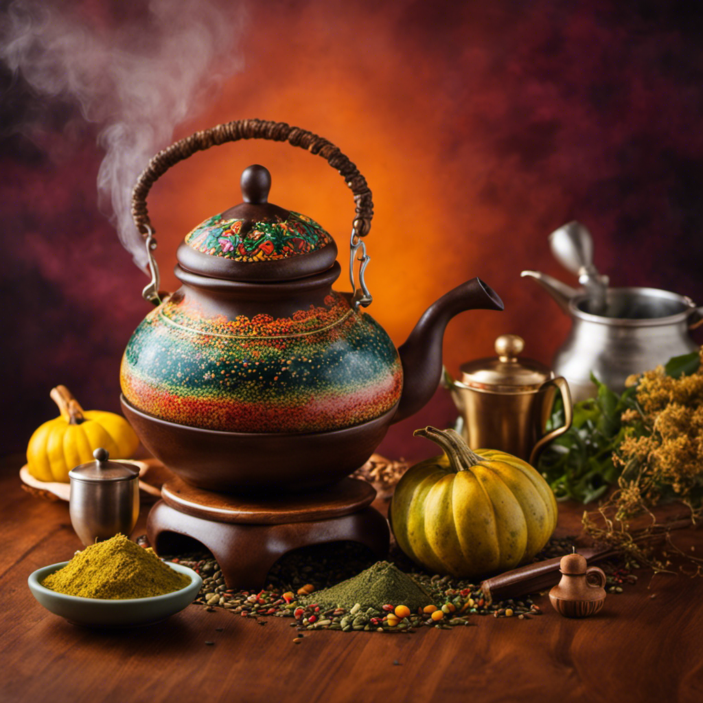 An image showcasing a vibrant, wooden gourd filled with freshly brewed Yerba Mate tea, surrounded by an assortment of colorful bombillas and a steaming kettle, evoking a warm and inviting atmosphere for a blog post on making a gallon of this traditional South American beverage