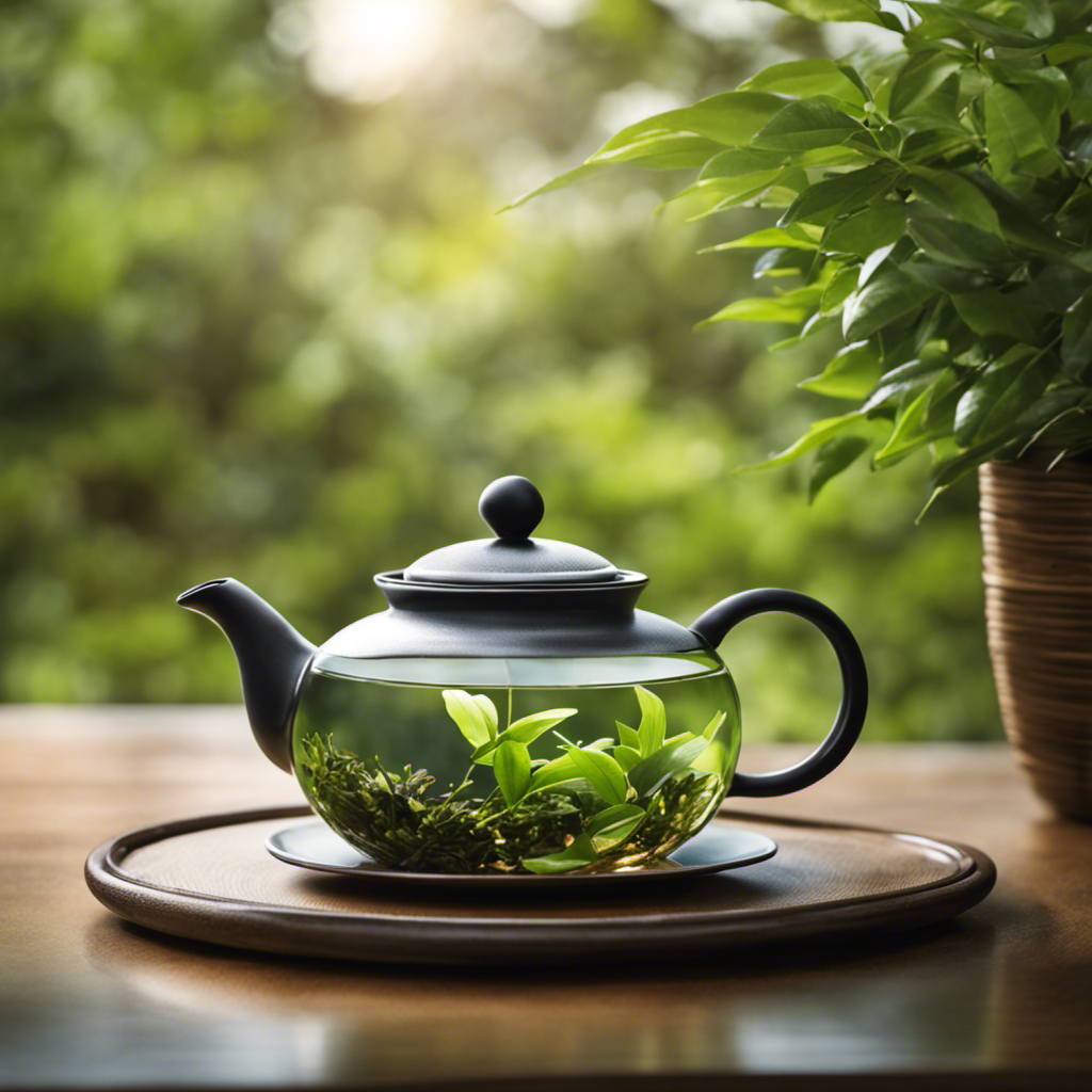 Ting image of a ceramic teapot, filled with steaming oolong tea, surrounded by delicate tea leaves unfurling in a glass cup