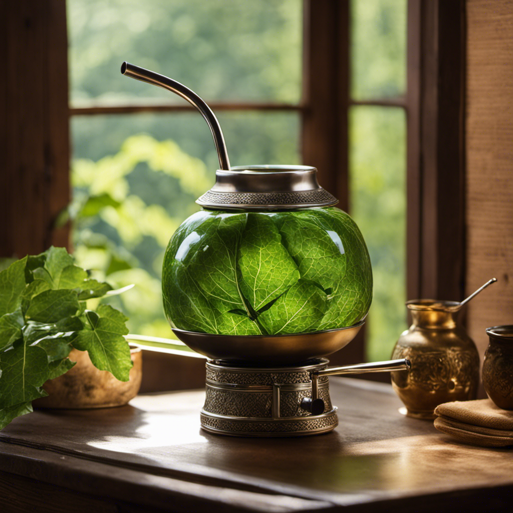 An image showcasing a traditional gourd filled with vibrant green yerba mate leaves, a metal straw (bombilla) immersed in the infusion, steam rising from the hot mate, and a serene setting with natural sunlight filtering through a window