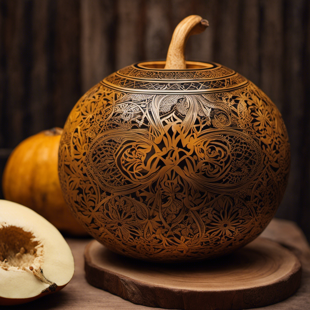 An image showcasing the step-by-step process of crafting a gourd for Yerba Mate: a skilled artisan carving a hollowed-out gourd, meticulously etching intricate patterns, and finally, delicately polishing the finished masterpiece