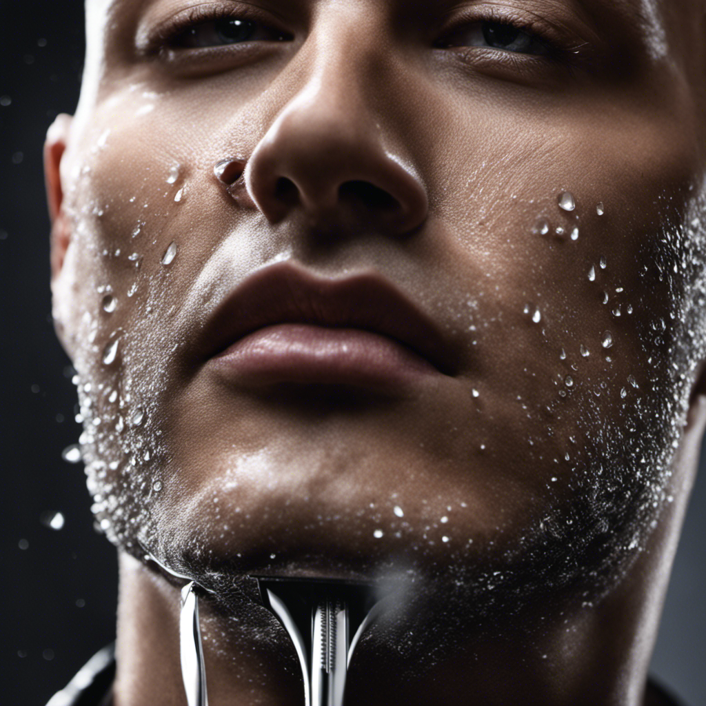 An image showcasing a close-up of a hand holding a head shave razor, with water droplets glistening on the razor's blades, capturing the precise angle at which it glides smoothly across a freshly shaved head