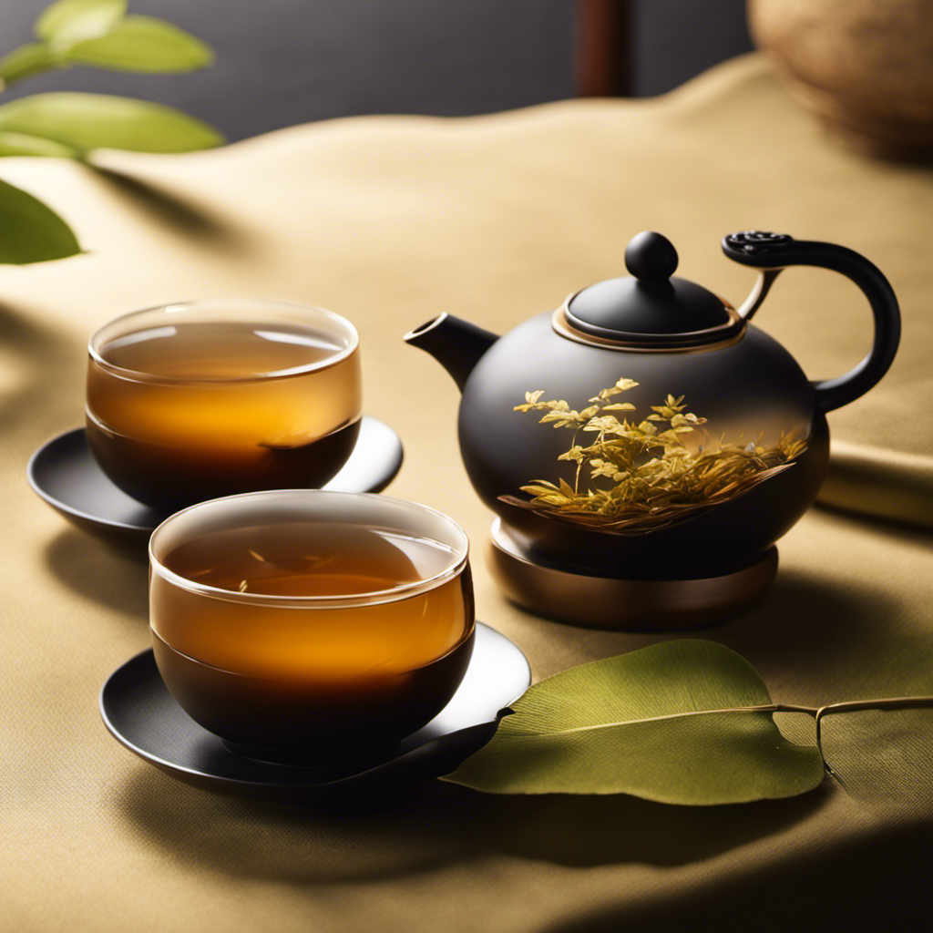 An image showcasing a serene tea ceremony scene: a traditional porcelain teapot pouring perfectly steeped Oolong tea into a delicate, translucent cup, surrounded by elegant tea leaves unfurling in the golden-hued water