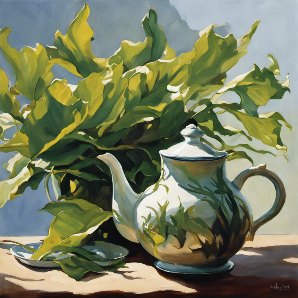 the essence of a serene coastal morning: a pair of weathered hands carefully steeping vibrant green kelp leaves in a teapot, sunlight gently casting shadows on the delicate strands, evoking the art of crafting a truly delightful kelp tea